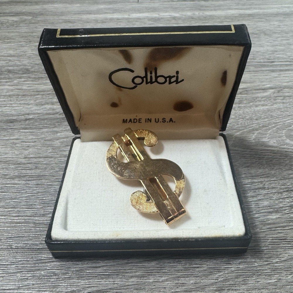 Vintage Colibri Dollar Sign Money Clip Gold Tone Made USA Original Box
